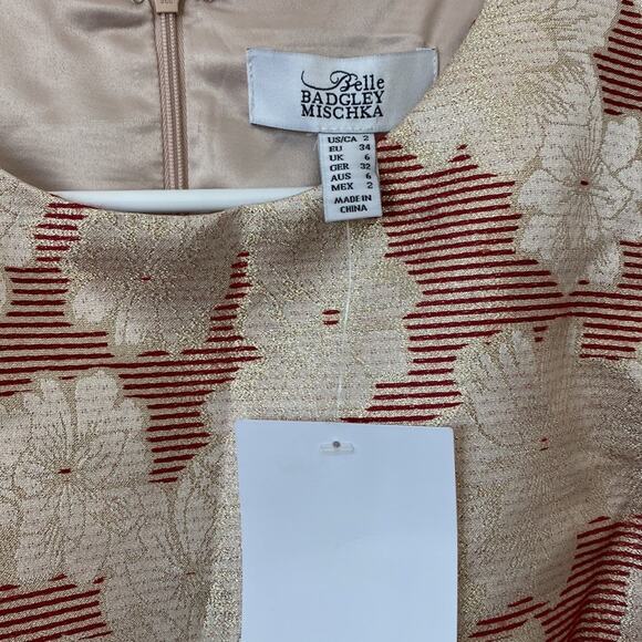 Belle Badgley Mischka Red and Gold Metallic Floral Puff Sleeve Dress Size: 2 - Picture 4 of 7